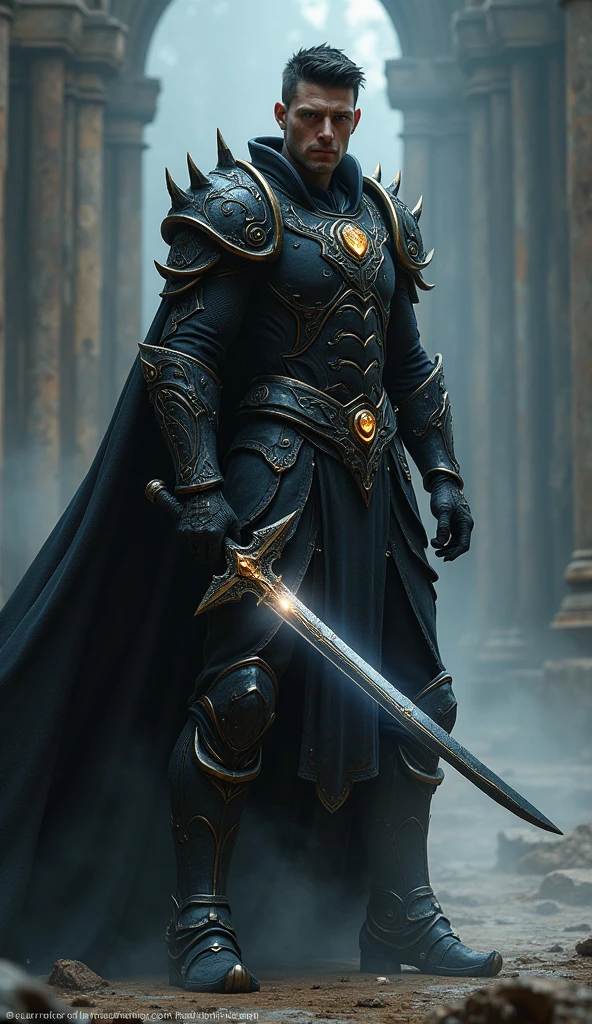 Create a full-body image of a dark hunter who is a member of the Defenders of Light. The character should have a tall, athletic build with short, dark hair. He wears a black, intricately designed armor that hints at his past in the dark arts, with glowing symbols that represent his alignment with the Defenders of Light. He wields a sword with a glowing blade, symbolizing the light he now defends. His expression is stern and determined, with a scar across his face indicating past battles. The background should be a dimly lit, ancient battlefield, with shadows and faint beams of light breaking through, representing his ongoing struggle between darkness and light.