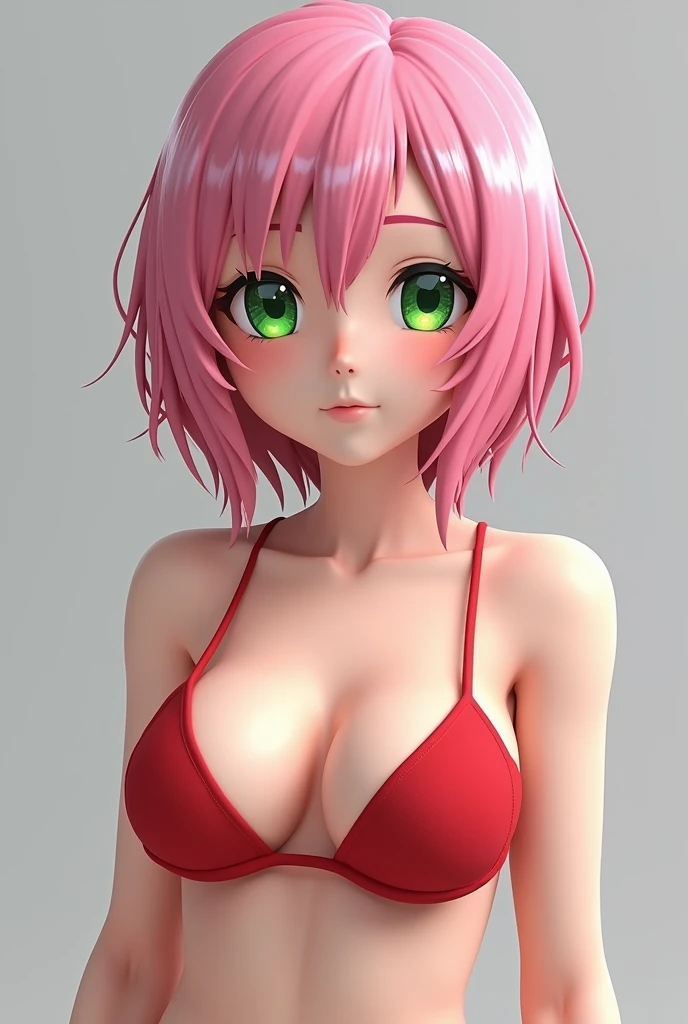 young woman, short shoulder-length pink hair, wide forehead, porcelain skin, pink eyebrows, big emerald green eyes, buttoned nose, full lips, heart-shaped face, slender body, small round breasts, red bikini top, Sakura Haruno , ultra realistic, realism, details, 3d, well detailed