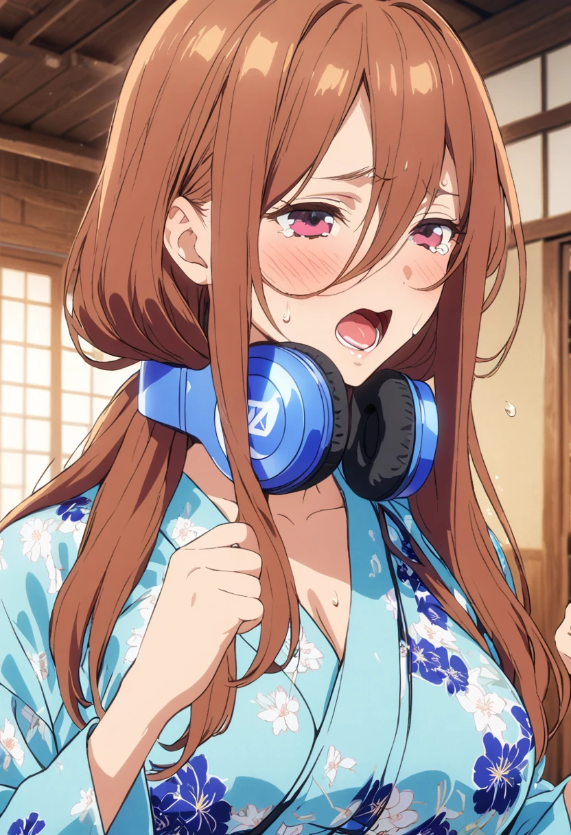 (Highest quality, 4K, 8k, High resolution, masterpiece:1.2), Very detailed, Picturesque, Animated Photography, Photo Animation:1.37)、Japanese ******girl、(Brown Hair)、(Medium Long Hair)、Blue headphones around his neck、Black choker、storehouse、Ecstasy face、Sweat、Are crying、vapor、trembling、Nakano Miku
