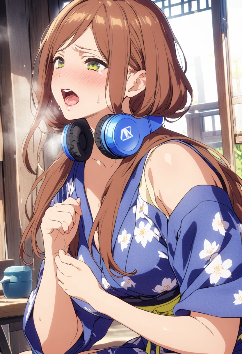 (Highest quality, 4K, 8k, High resolution, masterpiece:1.2), Very detailed, Picturesque, Animated Photography, Photo Animation:1.37)、Japanese girl、(Brown Hair)、(Medium Long Hair)、Floral Yukata、Blue headphones around his neck、Black choker、storehouse、Ecstasy face、Sweat、Are crying、vapor、trembling、Nakano Miku
