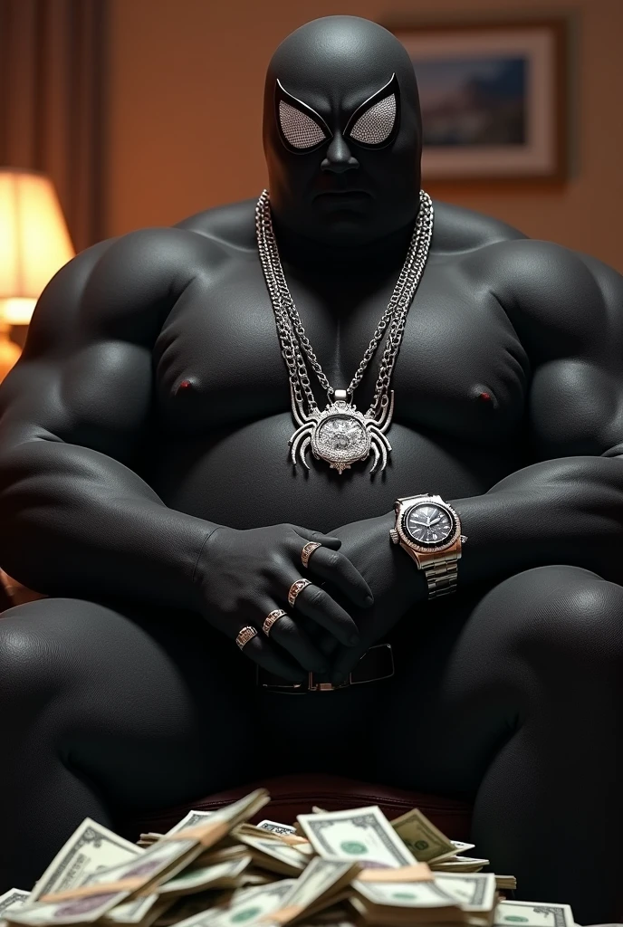 Fat belly spider-man black suit and mask with a silver necklace on his neck and a lot of money next to him and a rolex watch in his hand and a ring in his hand with rap style in the studio