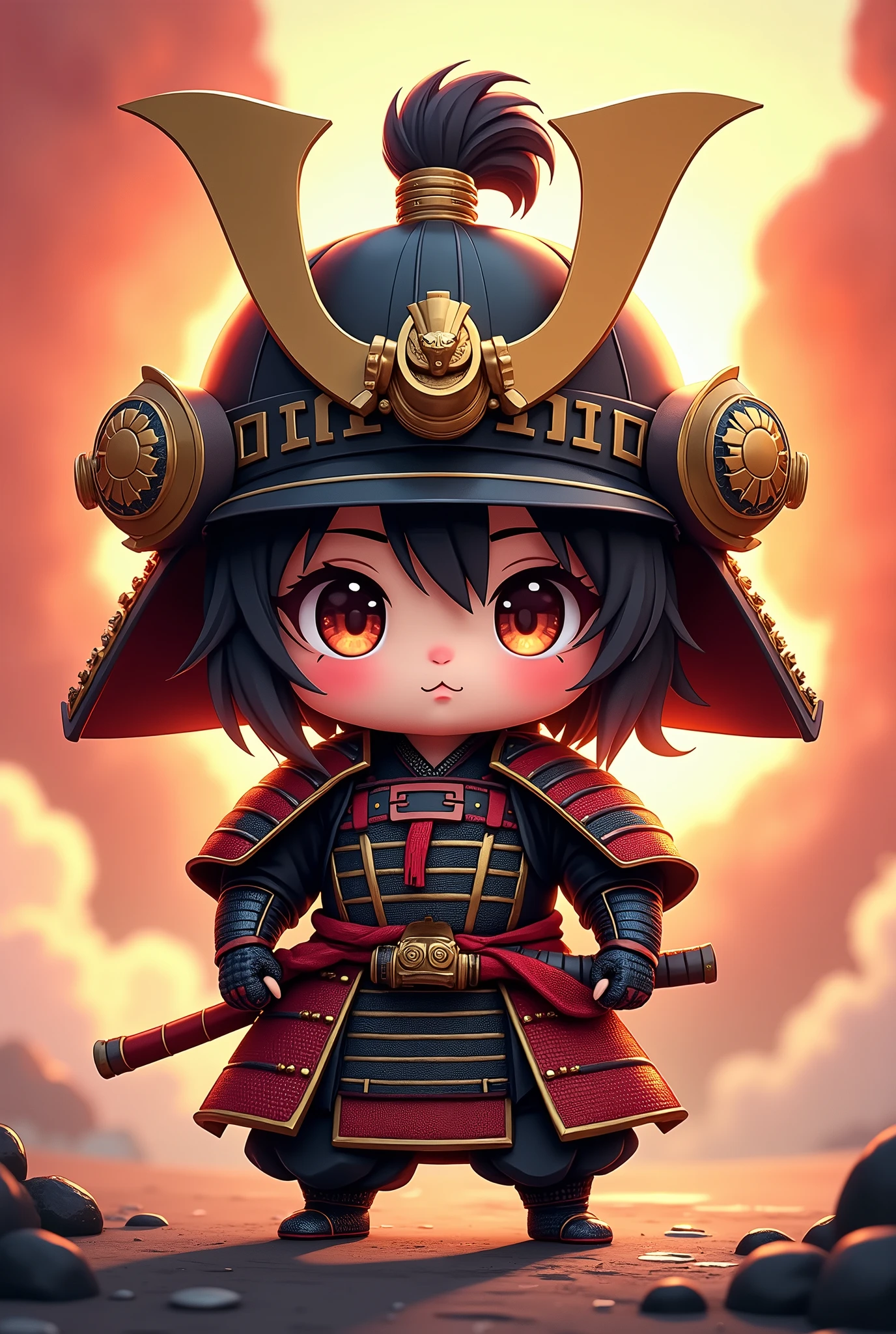 a cute and adorable chibi character of Oda Nobunaga, the warlord of the Sengoku period in Japan, detailed armor, intricate details, beautiful detailed eyes, beautiful detailed lips, extremely detailed face and portrait, historical samurai, traditional Japanese warrior, action pose, dynamic composition, vibrant colors, warm lighting, cinematic, digital art, highly detailed, 8k, photorealistic