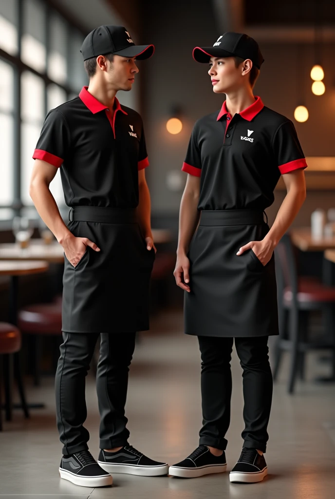 Picture of restaurant staff uniform in black polo shirt with red collar and black pants, black  cap with a touch of red and  black half apron and also wearing vans old school shoes