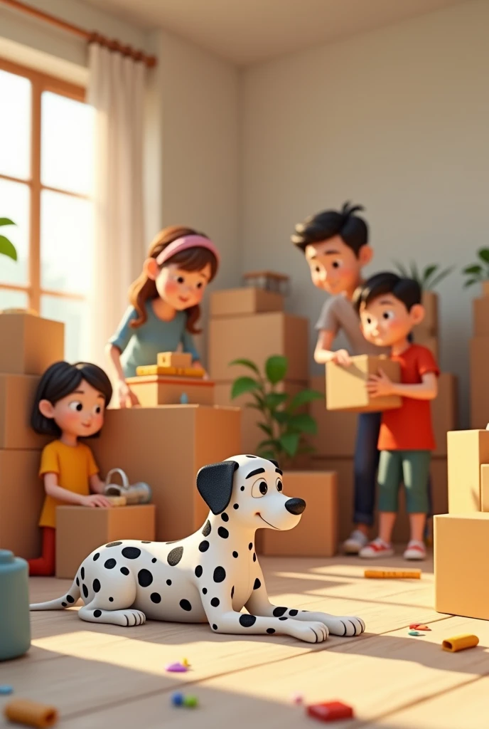 Family in a room full of cardboard boxes packing things in one of them with a Dalmatian dog lying nearby in an animated 3d style