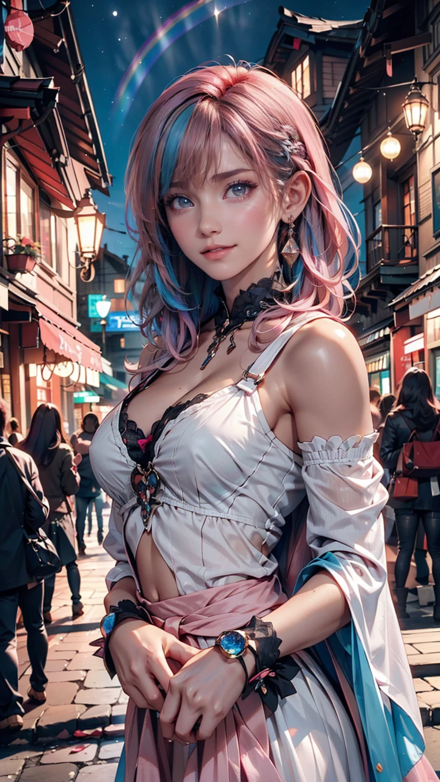 (masterpiece), (((Highest quality)), (Very detailed), 1 person, (Rainbow Hair, Colorful Hair, Half Blue、Half pink hair: 1.2), , (yukina: 1.2), Outdoor, bangs, smile, Sky blue eyes, Perfect hands, Perfect hands, Hand Detail, Modified fingers. Earrings, Night Store + background, Looking_in_Audience, Cowboy Shot, Highest quality, Rich details, Perfect image quality,
