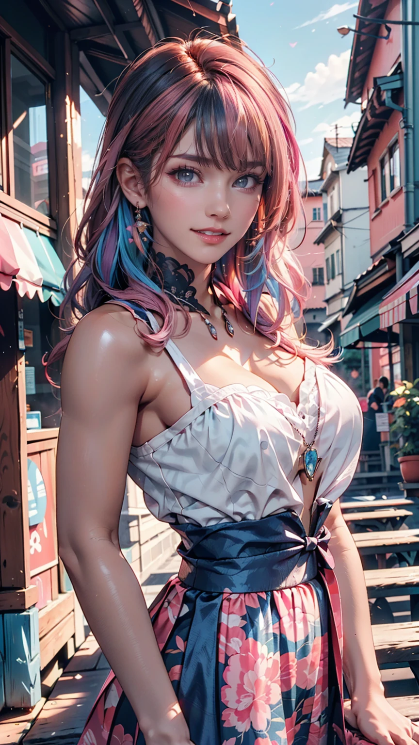 (masterpiece), (((Highest quality)), (Very detailed), 1 person, (Rainbow Hair, Colorful Hair, Half Blue、Half pink hair: 1.2), , (yukina: 1.2), Outdoor, bangs, smile, Sky blue eyes, Perfect hands, Perfect hands, Hand Detail, Modified fingers. Earrings, Night Store + background, Looking_in_Audience, Cowboy Shot, Highest quality, Rich details, Perfect image quality,