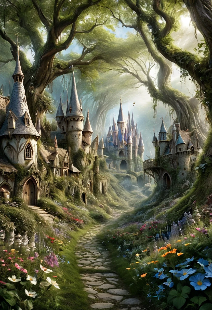 (Realistic:1.2), (whimsical:1.2), (((extremely detailed))), ((no close-up)), ((masterpiece)), (((middle shot, center, colorfull))), a Pixie, mythological, looks epic, fairytale atmosphere, intricate and detailed unreal fairy village on background, in motion, dynamic composition, depth of field, analog photo style, kodak porta 400 