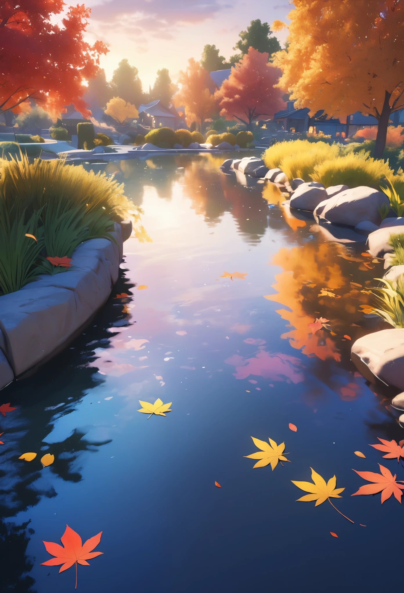 DIY16,best quality, Ultra HD, masterpieces, 8K, Practical, Anime style, 3D Rendering,(Pond in the evening:1.2), (8K, best quality, masterpiece:1.2), (Ultra-high resolution:1.0), Extremely bright design, Soft colors, (ink:1.3), Autumn Lights, High Detail, dramatic, photoPractical painting art