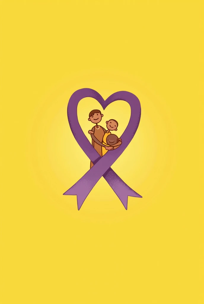 Draw a logo where there is a purple ribbon in the shape of a heart and inside there are 3 stickman hugging and all this on a yellow background people draw easy 