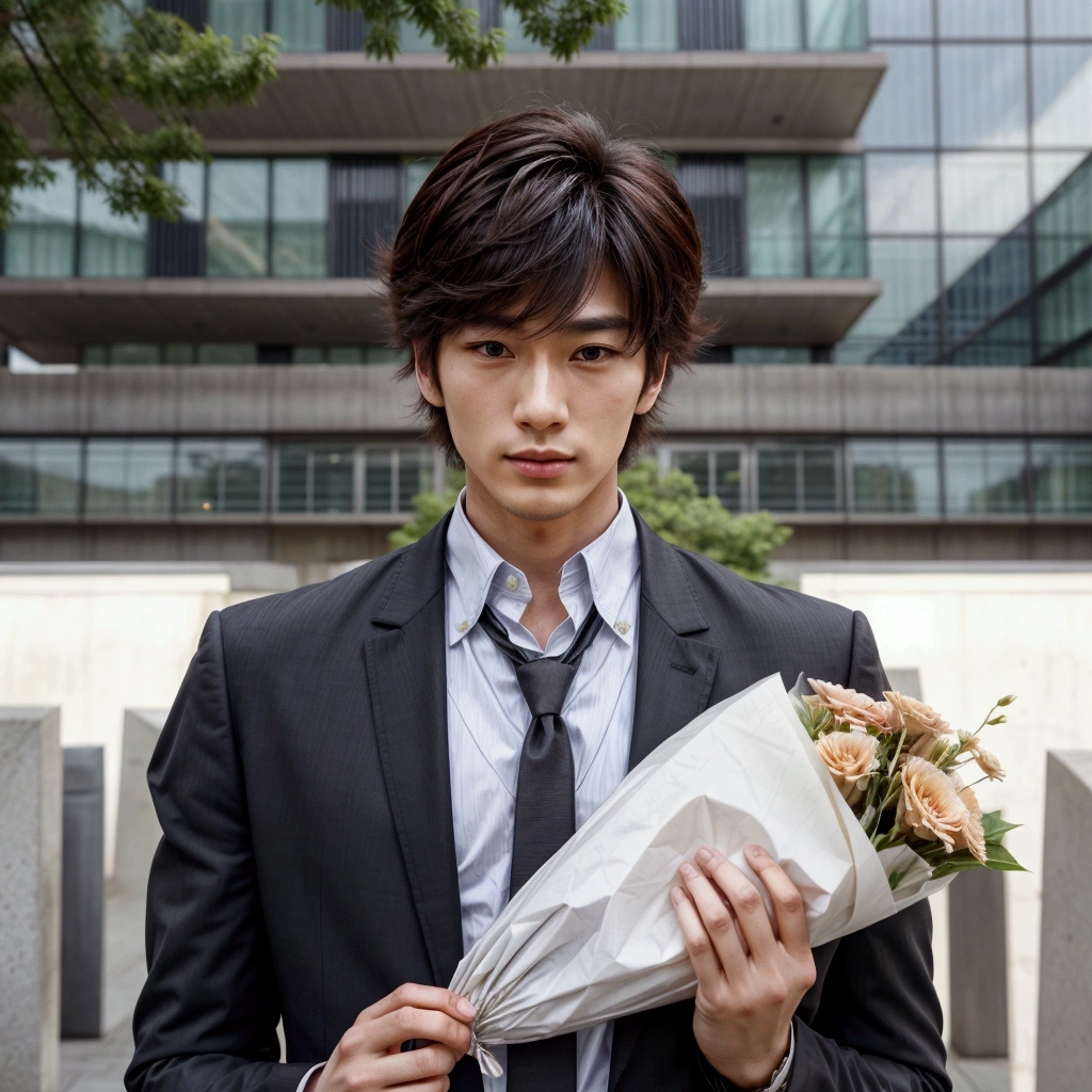 anime man in suit holding a bouquet of flowers in front of a building, handsome like korean male with the massy hair like in the picture