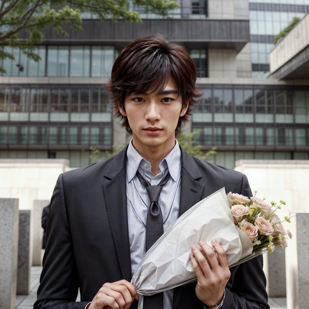 anime man in suit holding a bouquet of flowers in front of a building, handsome like korean male with the massy hair like in the picture