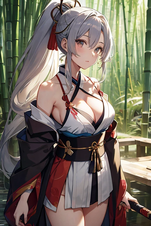 bamboo forest、A kimono that exposes the chest、Cleavage、Thighs、A Japanese sword is worn on one side of the waist、Beautiful Girl Swordsman、（（E Cup、Long silver hair、ponytail））、bamboo forest