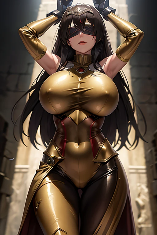 24years old,1lady,superhero costume,metallic costume,armored bunny costume,huge breasts,blindfold,villain's den