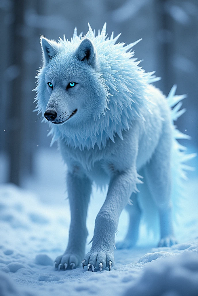 (ultra detailed), A wolf with silvery white fur, its entire body covered in ice crystals. It is surrounded by cold air, and every time it exhales, the temperature of the surrounding area drops dramatically. Its eyes are ice-cold blue, and it has the power to freeze its enemies. Its claws are also made of ice crystals, freezing anything it touches.