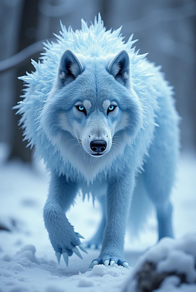 (ultra detailed), A wolf with silvery white fur, its entire body covered in ice crystals. It is surrounded by cold air, and every time it exhales, the temperature of the surrounding area drops dramatically. Its eyes are ice-cold blue, and it has the power to freeze its enemies. Its claws are also made of ice crystals, freezing anything it touches.