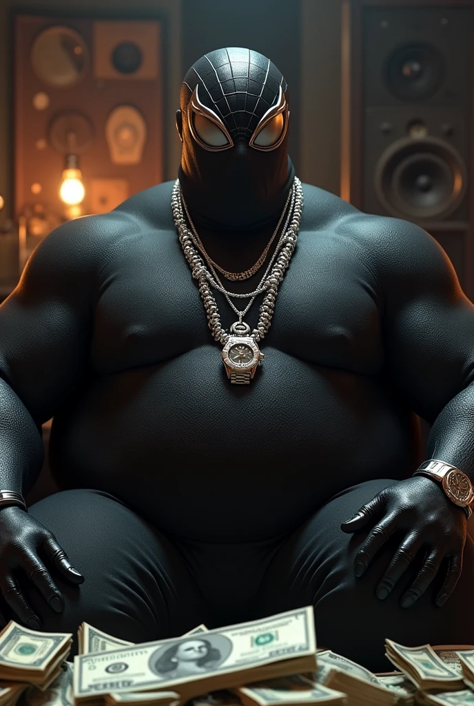 Fat belly spider-man black suit and mask with a silver necklace on his neck and a lot of money next to him and a rolex watch in his hand and a ring in his hand with rap style in the studio