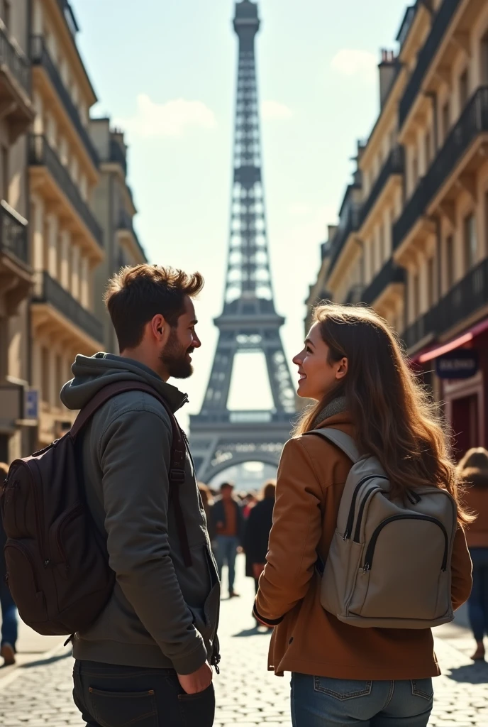 Realistic photography captured with a DSLR camera A couple of friends on the streets of Paris with the Eiffel Tower in the background