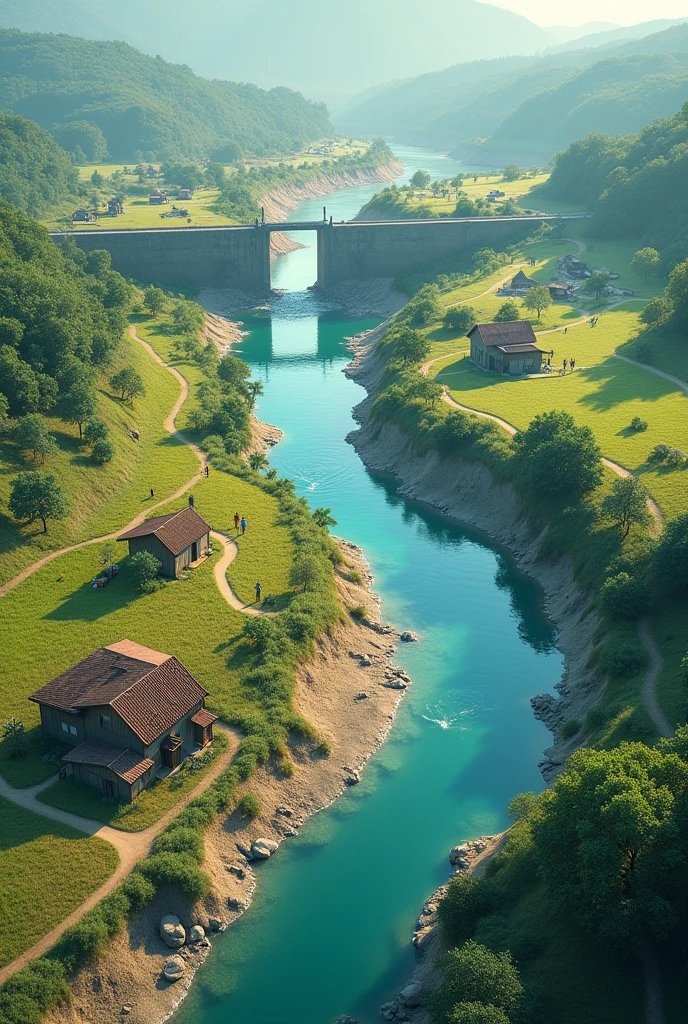 a river from helicopter view , from upstare , some tiny people and their houses , living happily , farming , a barage middle of the river , the front side of the barage gets out of water