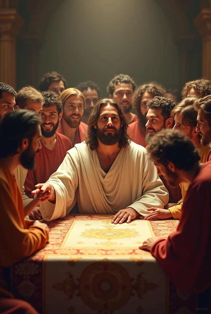 Hello, Can you generate me an image of beautiful Jesus with his apostles at the last supper taking a selfie??
