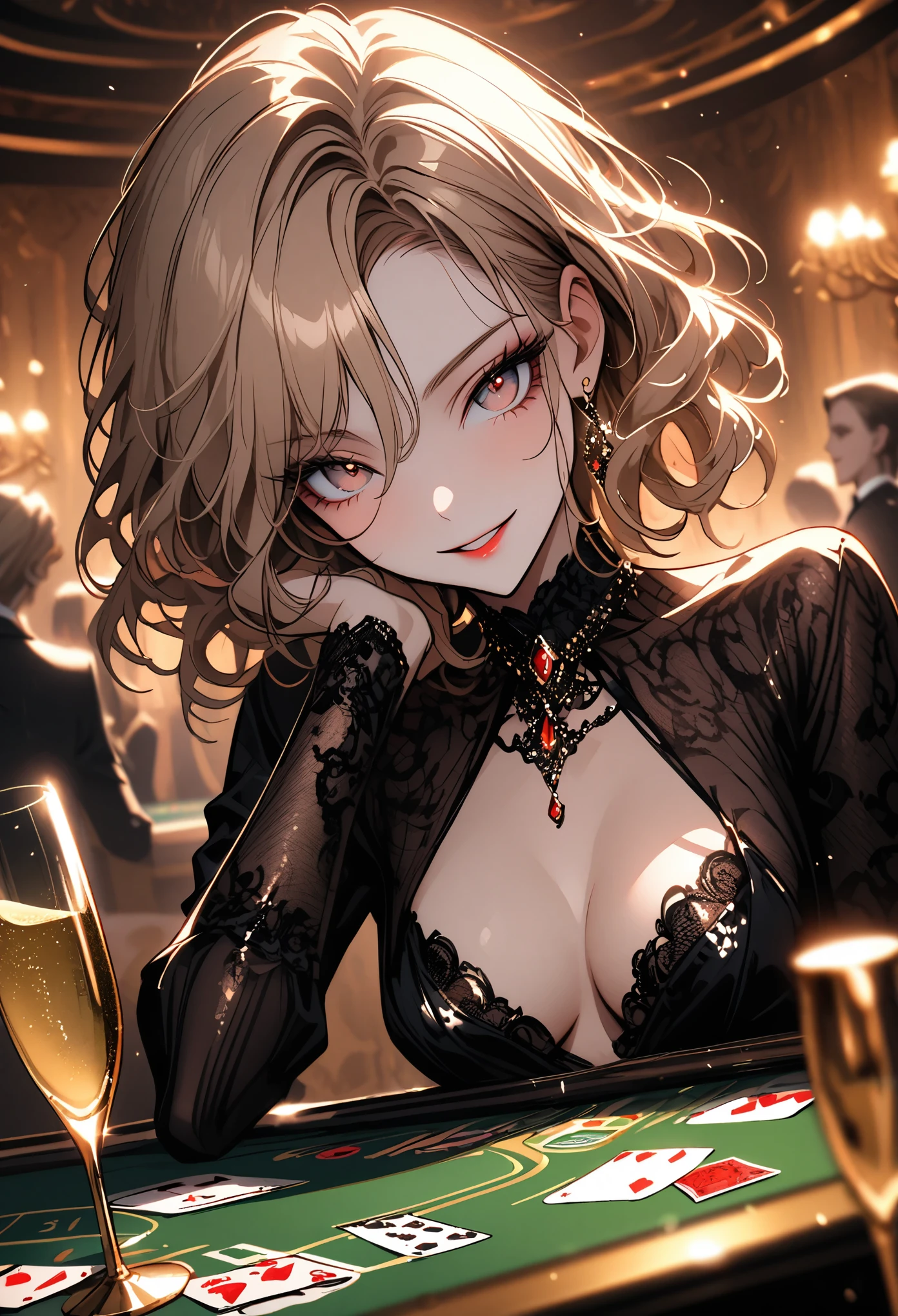 luxurious casino, elegant, opulent, card table, female croupier dealing cards, close up, seductive smile, champagne, decadent atmosphere, short hair, hazel eyes, long light brown hair, wavy hair, cleavage, jewelry, elegant