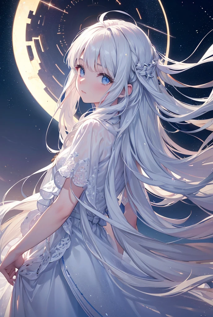 a beautiful young girl with long white hair in a flowing white dress, standing alone in a vast and majestic landscape, her back to the viewer as she reaches one hand up towards the night sky full of twinkling stars, as if trying to grasp them, windblown hair flowing gracefully, (best quality,8k,highres,masterpiece:1.2),ultra-detailed,(realistic,photorealistic,photo-realistic:1.37),detailed portrait, cinematic lighting, intricate details, dramatic atmosphere, stunning vista, beautiful starry night sky, serene and peaceful mood,depth of field,from below,from behind, she's not looking at me,back of head