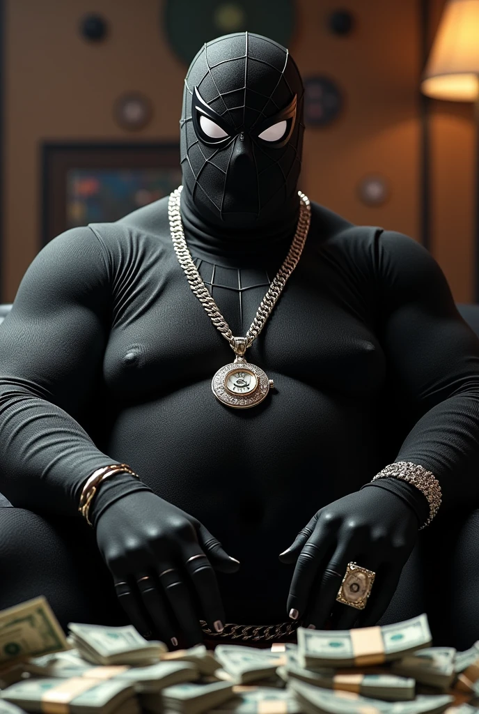 Fat belly spider-man black suit and mask with a silver necklace on his neck and a lot of money next to him and a rolex watch in his hand and a ring in his hand with rap style in the studio