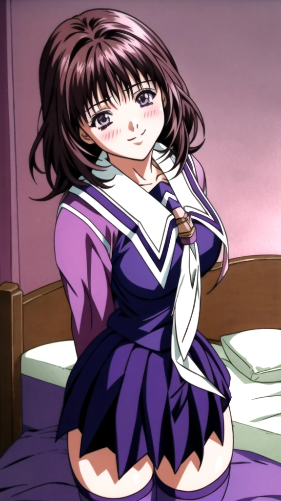 Anime illustration Yoshizuki_Iori, 1 person, School_uniform_purple_shirt_green_skirt_white_neckerchief_black_Knee socks, blush, Cute Smile, (She lies on her back with arms raised and legs apart on a pink bed:1.1), Two Arms, (cowboy shot:1,1), gravure,nsfw