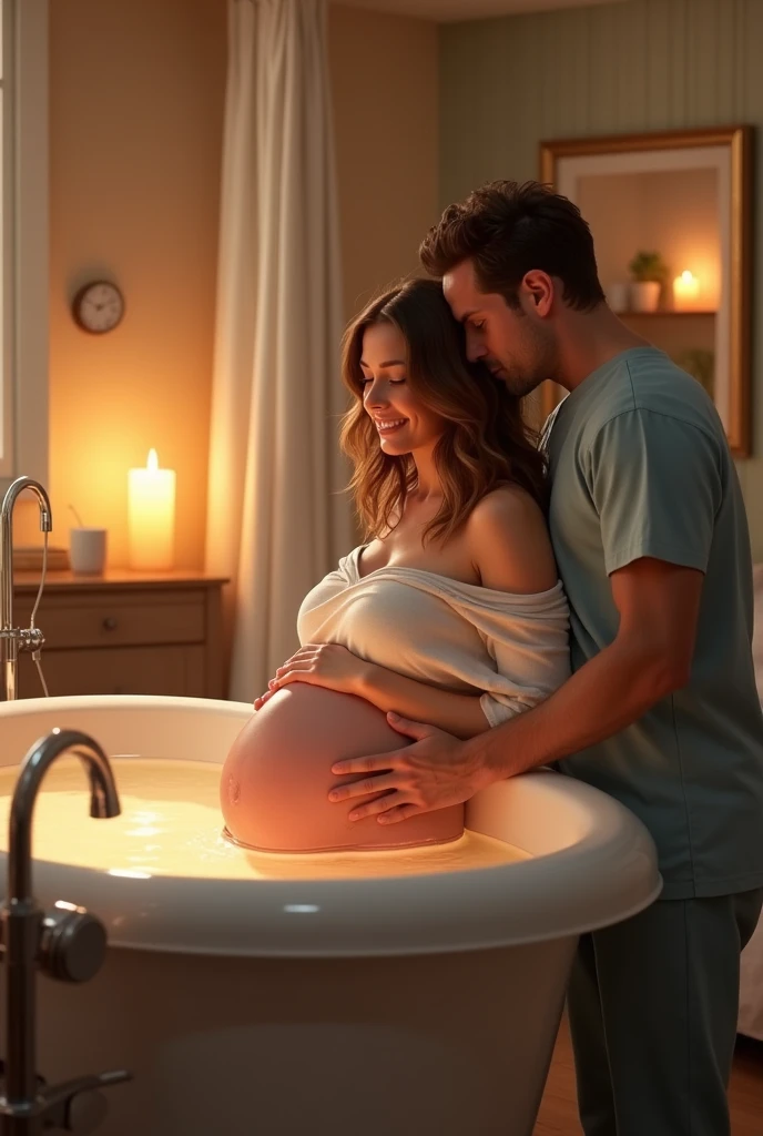 

- **Scenario**: A delivery room with a calm and welcoming atmosphere, prepared for a humanized birth.
- **Birthing Bath**: The woman is in the bathtub, which is big and comfortable, with warm water.
- **Woman**:
  - **Appearance**: Caucasian skin, medium wavy hair, chestnut hair , pregnant - **stance**: She is in labor, with an expression of effort and determination. Is leaning on the edge of the tub or reclining comfortably in the water.
- **Medical**: Around the bathtub, there are health professionals, attentive and careful, providing support and guidance.
- **husband**:
  - **Appearance**: next to the bathtub, he is holding the woman&#39;s hand and gently kissing her head, offering comfort and encouragement.
- **enviroment**: The room is decorated in a cozy way, with soft light and maybe some candles or low lights, creating an atmosphere of calm and intimacy.

