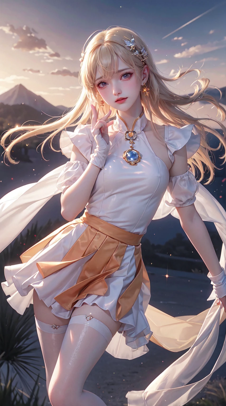 tmasterpiece, top-quality, A high resolution, SV1, Sailor warrior uniform, one blonde, orangeskirt, Wear gloves on elbows,Elbow woods, tiao, Orange sailor collar, sailorvenus, orange collar, whitegloves, jewely,A smile, Minako Aino,, Skirt cracked, Permanent, white straitjacket,, Gorgeous fabrics, Leather texture, ssmile, Cinema lenses, beautiful ambiance, depth of fields, Manhwa Style, the watercolor style, Flutter, ventania, Wind lift, shinny hair,
