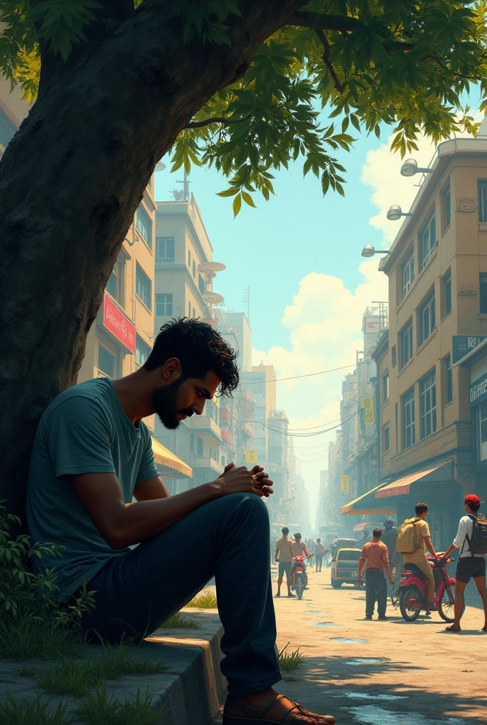 Sundar sitting dejectedly under a tree, his shoulders slumped as he looks around. His expression shows despair and frustration, contrasting with the lively city life happening around him."