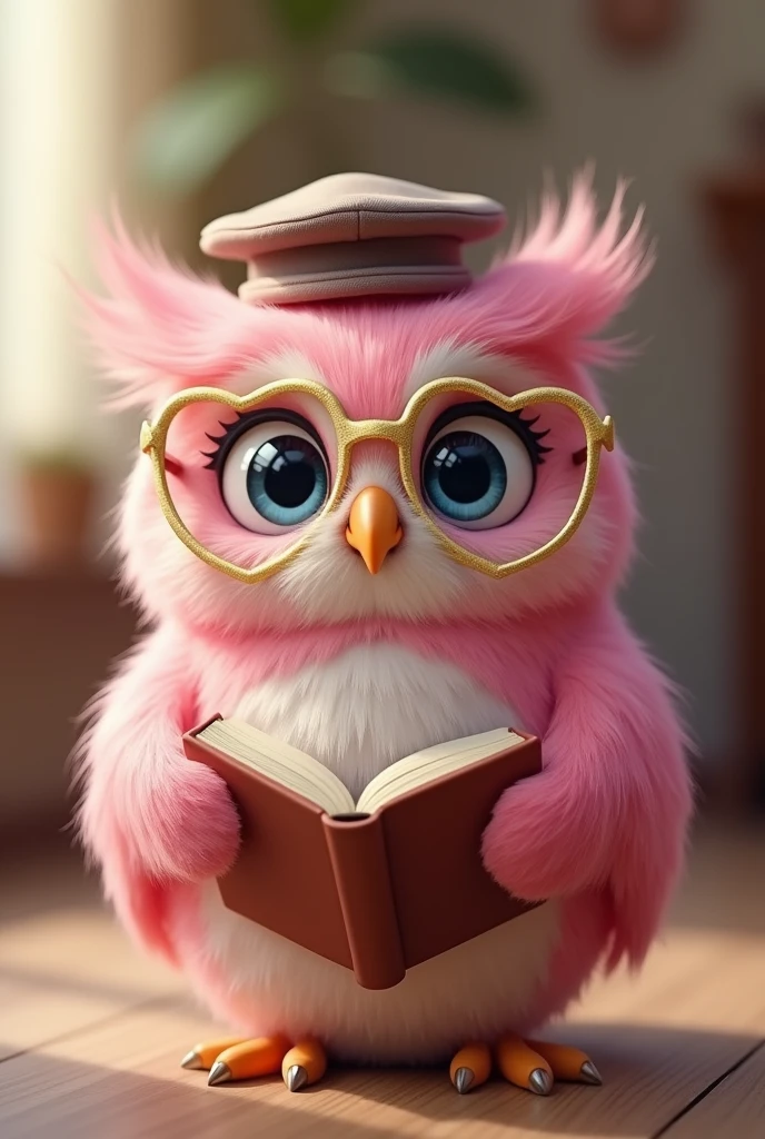 A little pink owl with gold-colored glasses with heart-shaped frames, with blue eyes, smooth feathers, with book in hand, happy and loving look, teacher hat