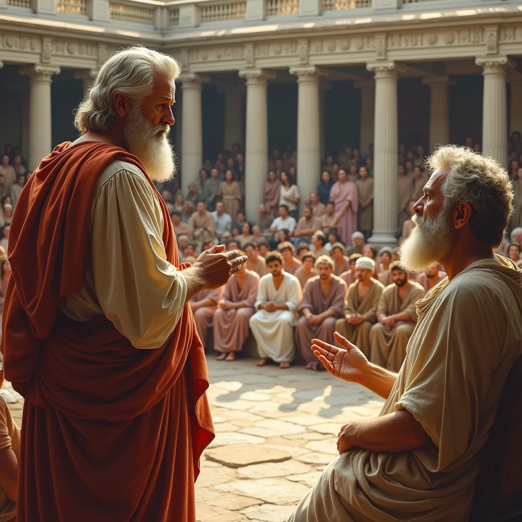 Plato, watching Aristotle teach , realistic image