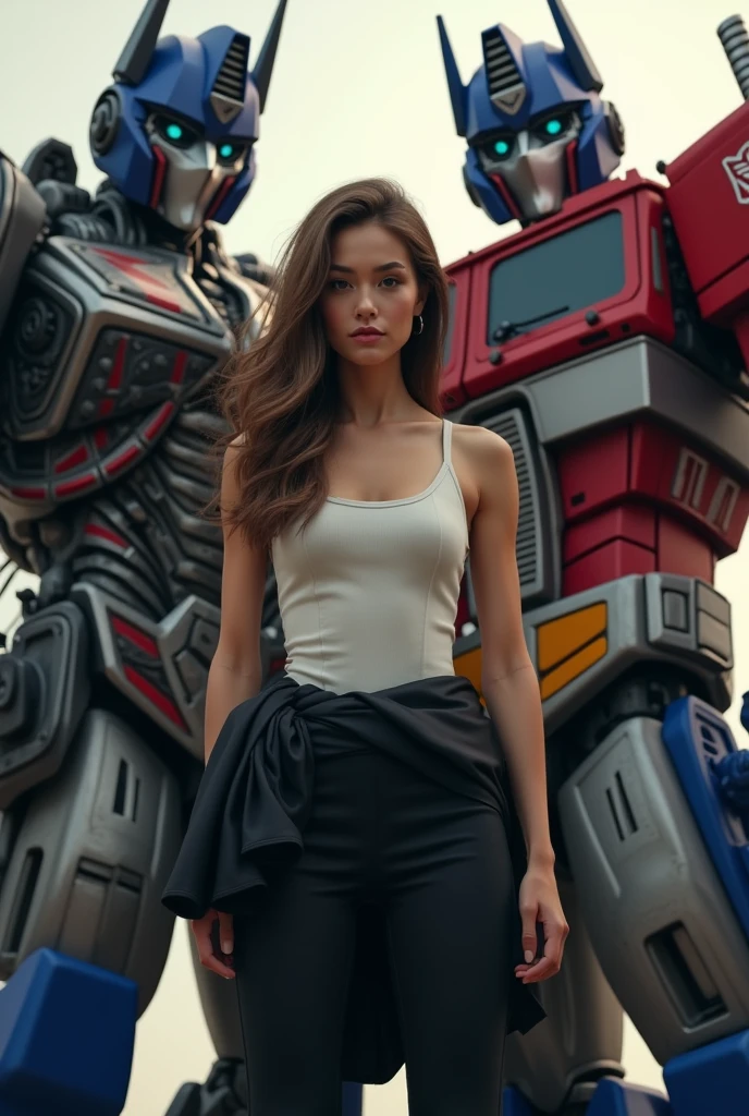 One with long brown hair and brown eyes with a white tank top and a black coat in her hand With black pants and black boots On her side the robot Megatron and Optimus Prime Transformers 