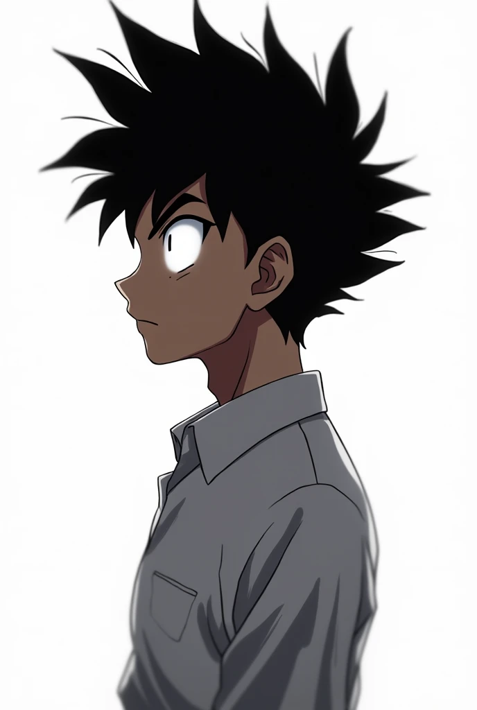 A young man in a white shirt with white eyes and angry hair up in the style of Gohan from Dragon Ball,
thin and just the anime style silhouette