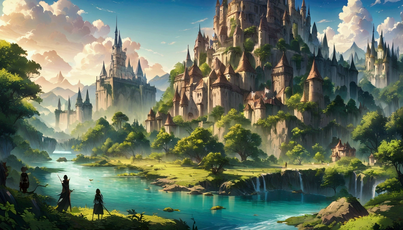 masterpiece, best quality, number, illustration, Anime style background, landscape, a castle in the middle of a forest, fantasy art, fantasy scenic, fantasy art landscape, fantasy castle, fantasy art style, fantasy landscape, impressive fantasy landscape, magical landscape, river