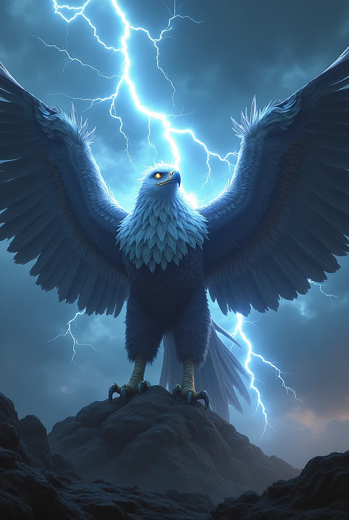 (ultra detailed), Lightning energy runs through the body of a giant eagle. Its wings glow with electricity, and thunder roars every time it flies. Its eyes shine like lightning, and it can paralyze opponents just by looking at them. Its talons and beak are as hard as steel and electrically charged, so it shocks anyone who touches them.
Name candidates: