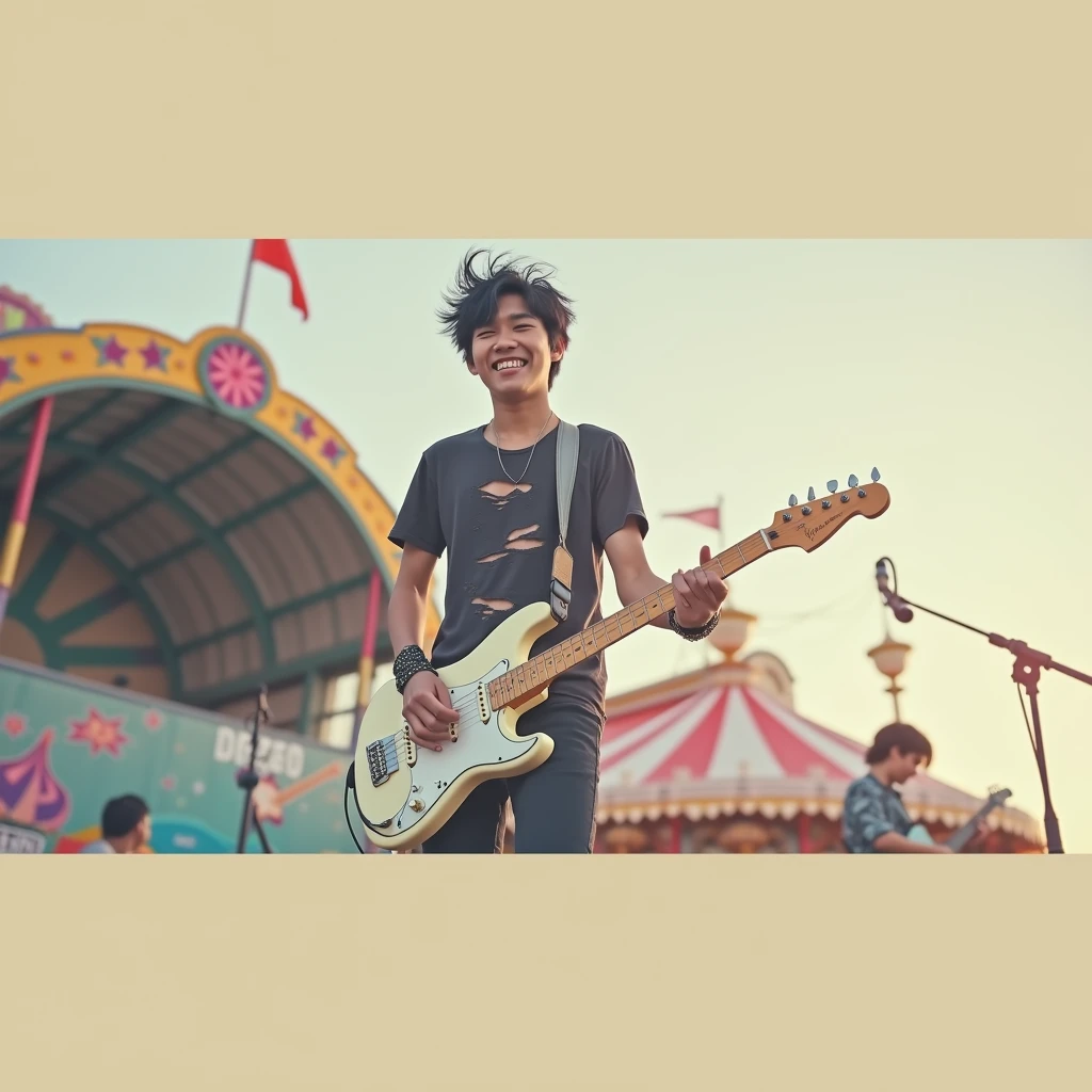 Handsome asian teenager 1, lead vocal and also playing guitar with his band on the stage. The background at daylight of carnaval playground. he is wearing T-shirt ripped black jeans pants and black boots , wearing black boots, black messy hair, full body sight, 4k detailed photography. completing the captivating image of a talented musician lost in the moment. extremely detailed