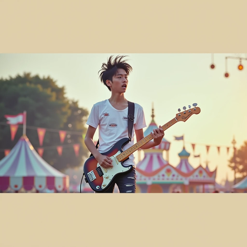 Handsome asian teenager 1, lead vocal and also playing guitar with his band on the stage. The background at daylight of carnaval playground. he is wearing T-shirt ripped black jeans pants and black boots , wearing black boots, black messy hair, full body sight, 4k detailed photography. completing the captivating image of a talented musician lost in the moment. extremely detailed