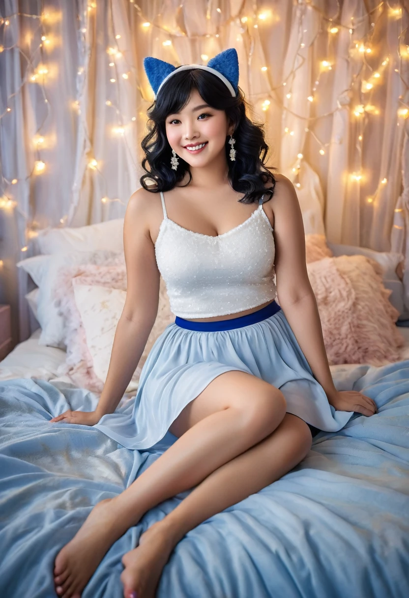 Plump, radiant women with cascading, tousled black hair adorned with whimsical toy cat ears, wearing a fitted white singlet that accentuates their curves and a flowing, cobalt blue skirt that dances as they move. They lounge playfully on a plush, vintage bed draped in pastel sheets, surrounded by dreamy bedroom décor. A soft glow from an elegantly designed romantic night lamp casts warm light, highlighting their flirtatious poses as they playfully interact with one another, their laughter echoing in the cozy atmosphere filled with delicate fairy lights and gentle floral accents, big breasts 48D size.