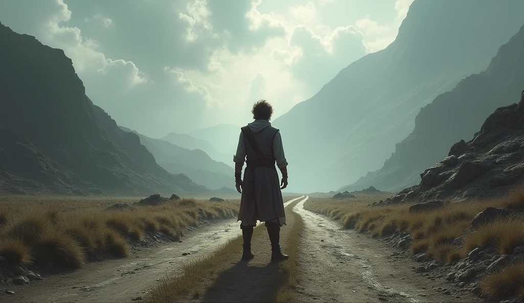 The protagonist standing at a crossroads, looking uncertain but determined, setting out on a path that is difficult and unknown.