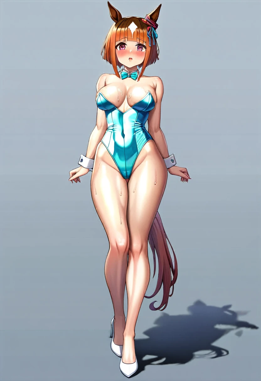  by lambda, 1 girl, 
Transcend /(umamusume)/, simple background, straight on, full body, looking at viewer, standing, blush, sweat, shiny skin, playboy bunny, beautiful color, detailed, amazing quality, nsfw