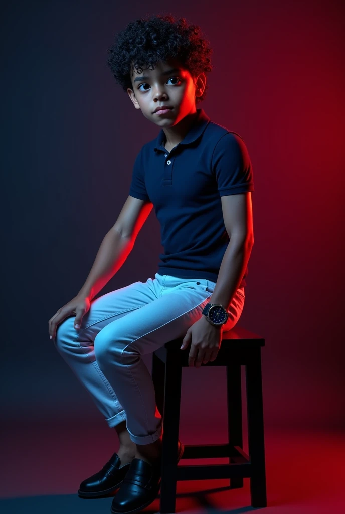 A  tan boy with muscles and black curly hair  and navy blue polo t shirt and white long trousers and old watch on it and black loafers sitting on black stool and black background red and blue light on it. the boy turning right side  