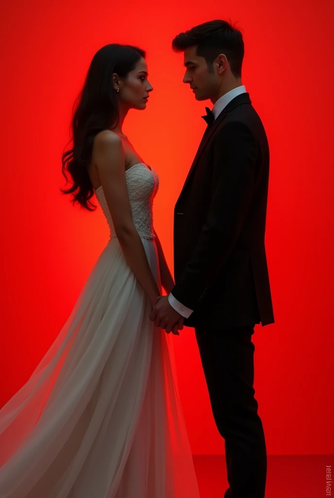 A couple facing each other the girl wearing a white dress and the guy is wearing a black suit no beard Background is red. With a title on the lower portion " happy ever never"