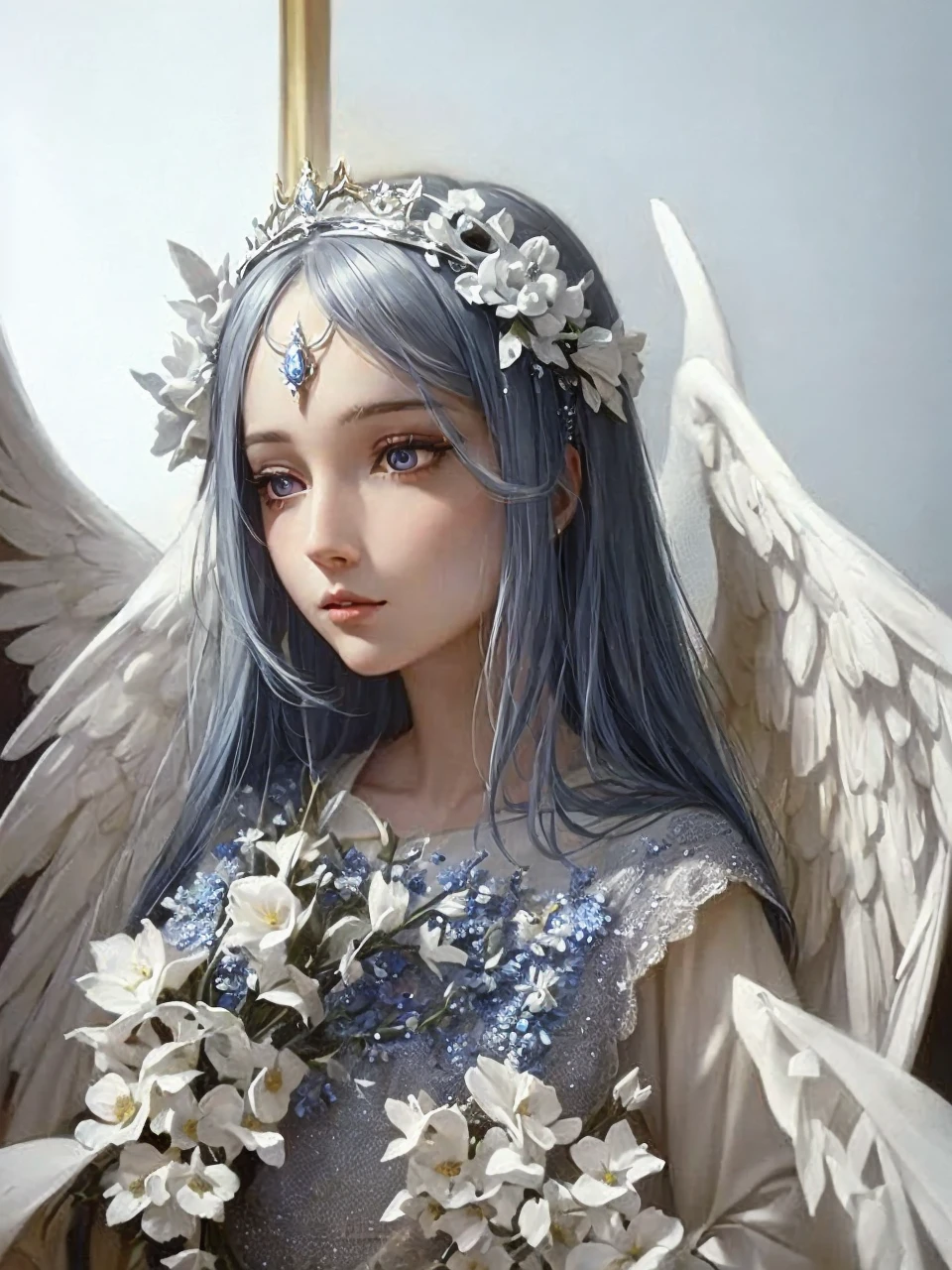 a woman with a crown of flowers, angel with wings, white flower, masterpiece, fantasy, surreal, ethereal, whimsical, magical realism, beautiful detailed eyes, beautiful detailed lips, extremely detailed face and features, long eyelashes, delicate porcelain skin, soft lighting, warm color palette, cinematic, photorealistic, digital painting