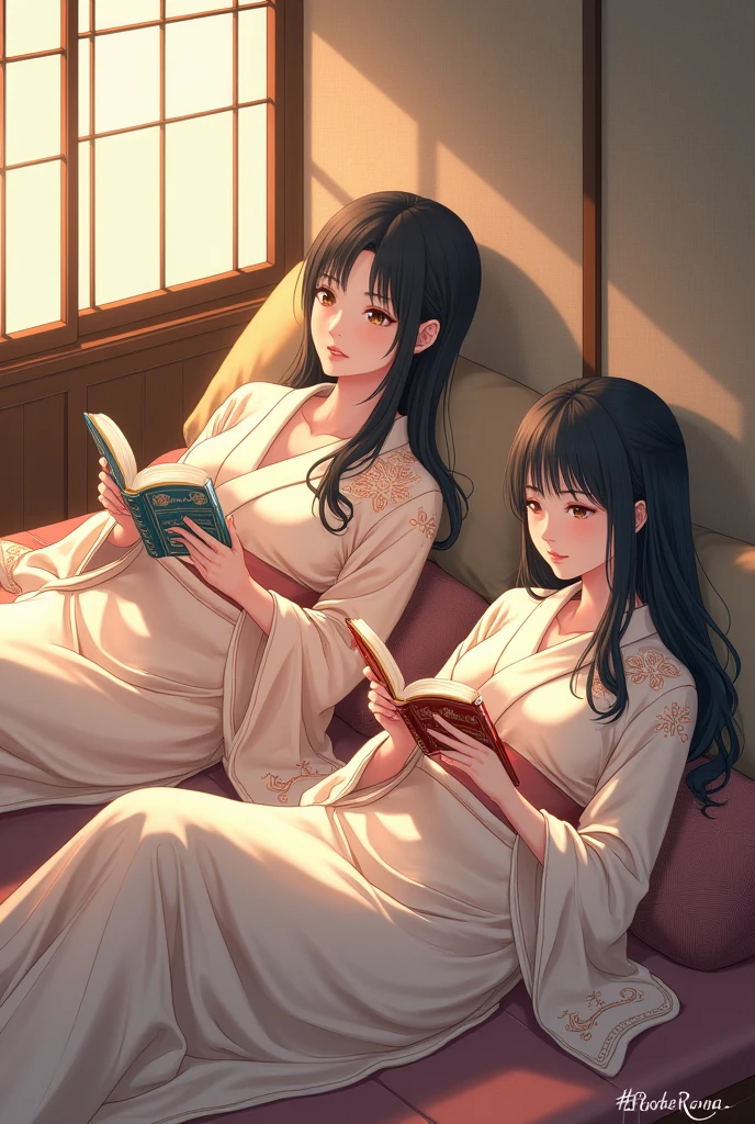 Japanese women in elegant homes, Wearing embroidered silk nightgown, Enjoy peaceful reading time.