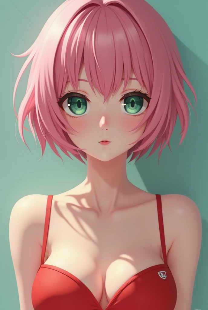 (((ultra realistic))) Photo, masterpiece, top quality, (pale skin), (Ultra detailed face and eyes:1.3) young woman, short shoulder-length pink hair, wide forehead, porcelain skin, pink eyebrows, big emerald green eyes, buttoned nose, full lips, heart-shaped face, slender body, small round breasts, red bikini top, Sakura Haruno , realistic, realism, details, 3d, well detailed