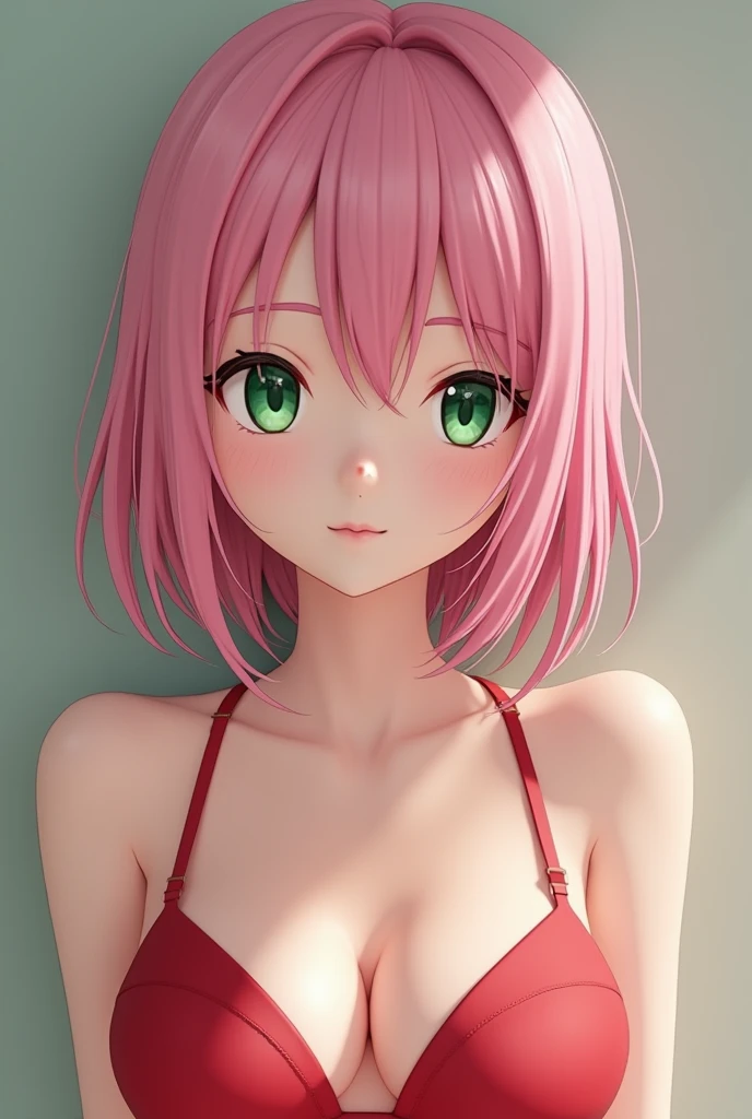 (((ultra realistic))) Photo, masterpiece, top quality, (pale skin), (Ultra detailed face and eyes:1.3) young woman, short shoulder-length pink hair, wide forehead, porcelain skin, pink eyebrows, big emerald green eyes, buttoned nose, full lips, heart-shaped face, slender body, small round breasts, red bikini top, Sakura Haruno , realistic, realism, details, 3d, well detailed