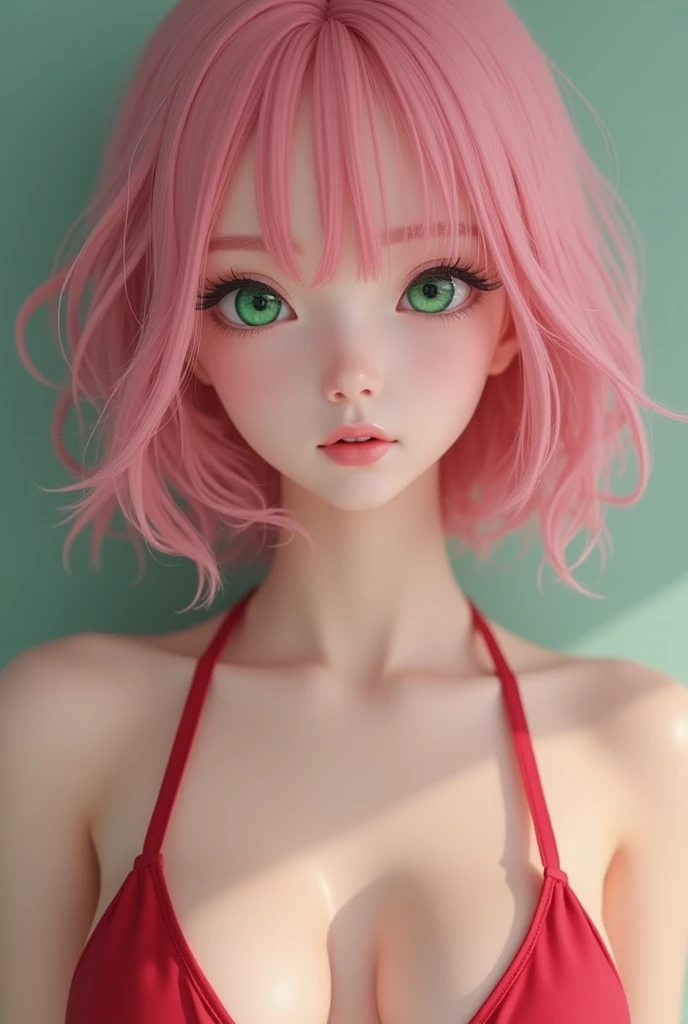 (((ultra realistic))) Photo, masterpiece, top quality, (pale skin), (Ultra detailed face and eyes:1.3) young woman, short shoulder-length pink hair, wide forehead, porcelain skin, pink eyebrows, big emerald green eyes, buttoned nose, full lips, heart-shaped face, slender body, small round breasts, red bikini top, Sakura Haruno , realistic, realism, details, 3d, well detailed