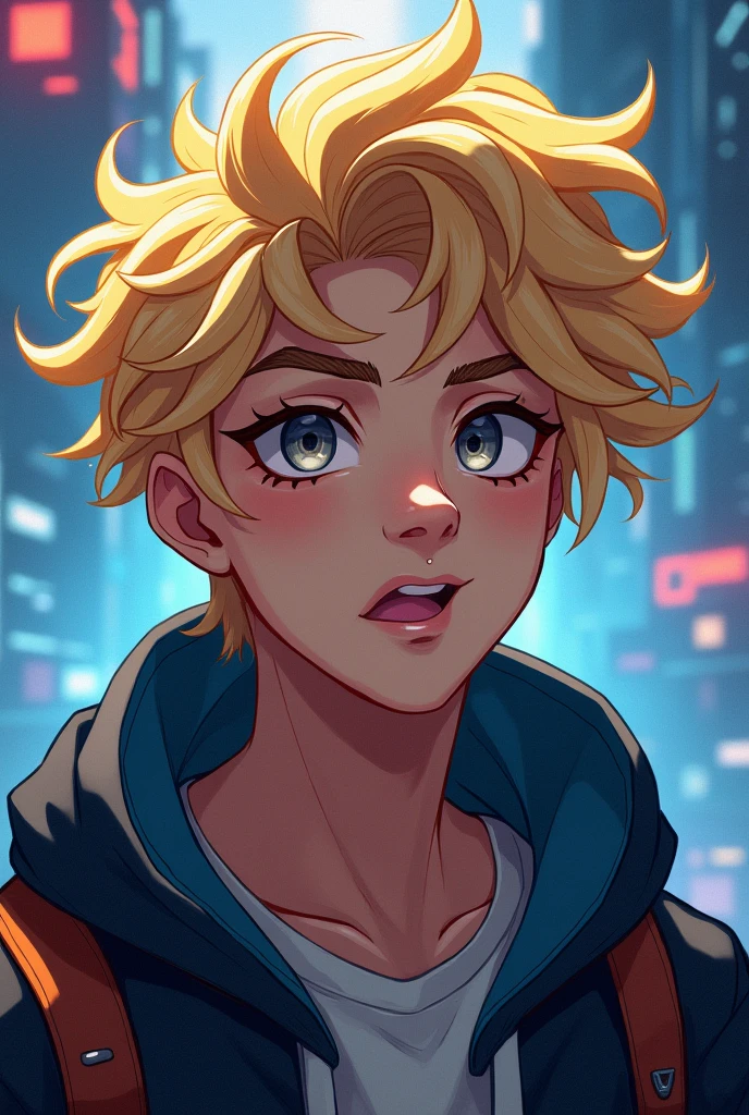 Create a gamer profile picture, character named oznerol, blond, curly hair and gray eyes 