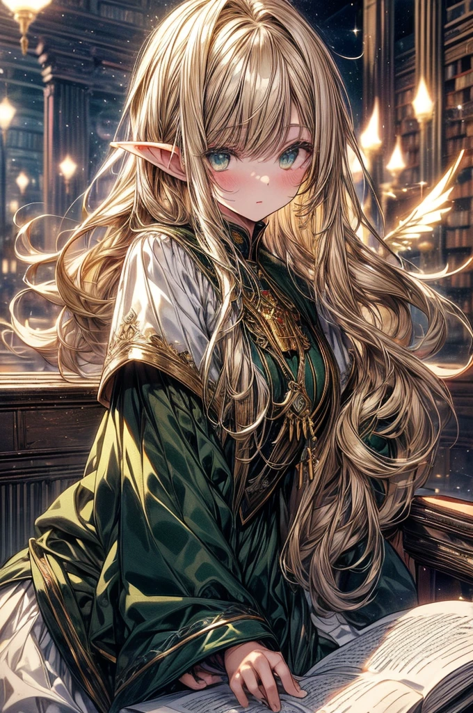 (((Masterpiece, highest quality, high definition, high detail)))), one, ((fantasy)))), (elf woman)))), (white short skirt with gold embroidery), (blonde long straight hair), (glossy dark green eyes), (green surcoat with gold embroidery), big, (((National Library of the royal capital)), (A large space with a lot of books)), sit in a chair and read a book , Particles of light flying
